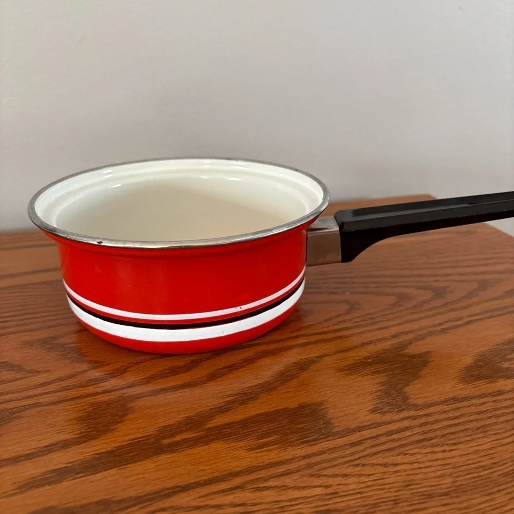 Free w bundle of 2+ Vtg  Red Enamel Saucepan w Lid | Mid Century Cookware